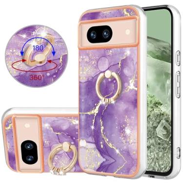 Imagem de Dinglijia Capa fina para Google Pixel 8a, brilhante IMD mármore padrão anel suporte capa para meninas, câmera melhorada e capa de proteção de tela para Pixel 8a, BKZH roxo