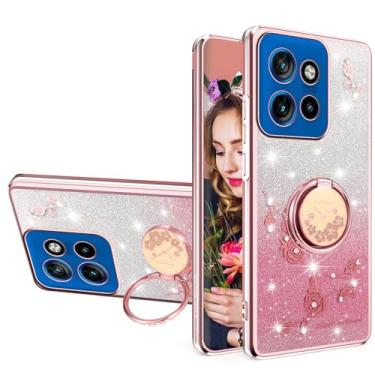 Imagem de Ysnzaq Capa de design floral com glitter para Motorola Edge 50 Neo com suporte de anel embutido, capa fina transparente à prova de choque com um toque de glamour para Motorola Edge 50 Neo YSH rosa