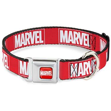 Imagem de Coleira de cachorro fivela de cinto de segurança Marvel Red Brick logotipo vermelho branco 40,6 a 58,8 cm de largura