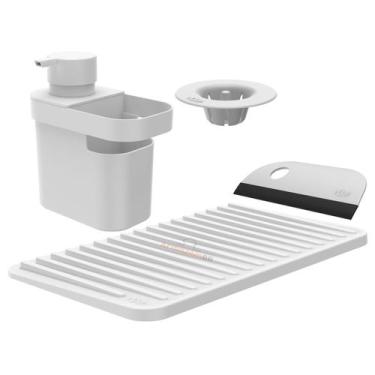 Imagem de Kit Dispenser Detergente Escorredor Filtro Ralo Rodo Pia Cozinha Branc