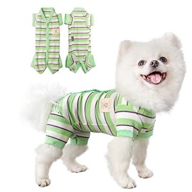 Imagem de Pijama feminino e masculino com listras para cães TONY HOBY com 4 leggings para filhotes de cachorro, macacão elástico para cães de malha para primavera e verão para tamanho pequeno, médio, verde e branco (G, verde- meninas)