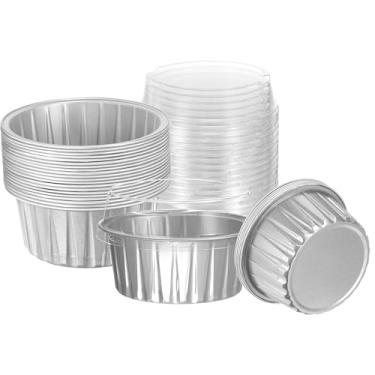 Imagem de HARFINGTON 25 peças de formas de assar com tampas, forros de folha de alumínio de 142 g, mini recipientes descartáveis, porta-copos, caixas para sobremesa, festa de casamento, tom prateado