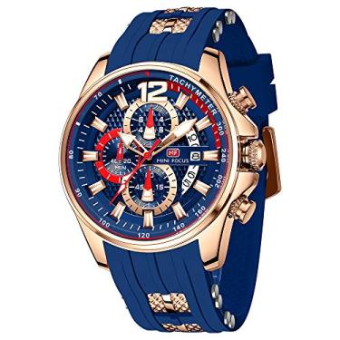 Imagem de Mini Focus Relógio masculino octógono casual (cronógrafo/à prova d'água/luminoso/calendário), pulseira de silicone/couro para homens, Azul_dourado, Moderno