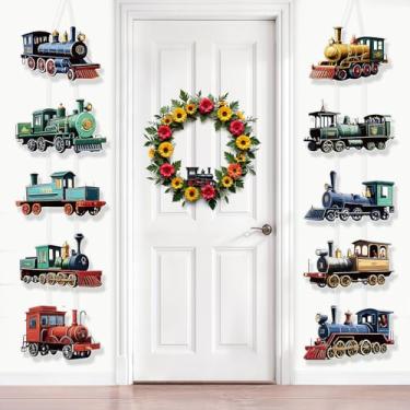 Imagem de Decorações de festa de aniversário de trem 10 peças bandeira de porta de trem a vapor retrô sinal de varanda veículos ferroviários temático placa de fundo para menino menina criança tema trem chá de