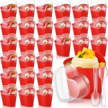 Imagem de Sliner Pacote com 200 copos de sobremesa de 142 g Dia dos Namorados em forma de coração com tampas e colheres recipiente de sobremesa de plástico tigelas em forma de coração descartável parfait pudim