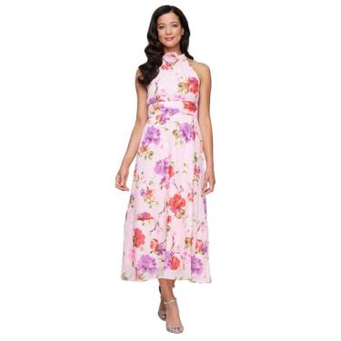 Imagem de S.L. Fashions Vestido feminino floral frente única para coquetel, convidada de casamento com detalhe de flor, Rosa Multi, 40