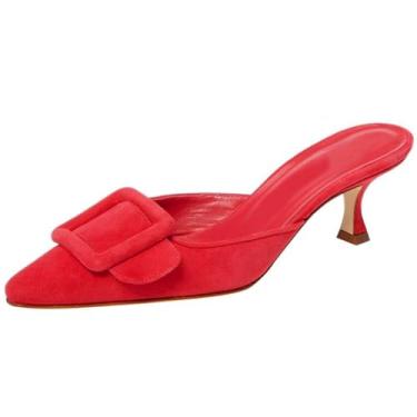 Imagem de Divanne Mules de salto para mulheres, bico fino com salto cavado, fivela, salto gatinho, mules, deslizante, frente única, sandálias, Vermelho - 6,5 cm, 10