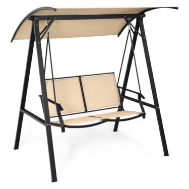 Imagem de Banco ao ar livre Balanço ao ar livre resistente às intempéries balanço da varanda ajustável dossel estrutura de aço ao ar livre moderno dossel balanço corrimão Banco de jardim(Coffee)