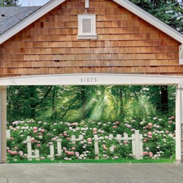 Imagem de Decoração de banner para porta de garagem jardim primavera 2,1 x 4,9 m grande cerca verde floresta flores coloridas faixa de porta de garagem decorações festa de aniversário chá de bebê ao ar livre