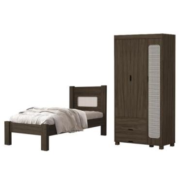 Imagem de Kit Cama Solteiro Para Quarto MDF Com Guarda Roupa 3 Portas 2 Gavetas 