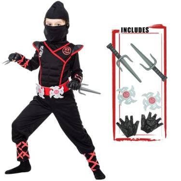 Imagem de JAZGROM Fantasia Ninja para meninos, fantasia de luxo de dragão vermelho Ninja Muscle fantasia para crianças