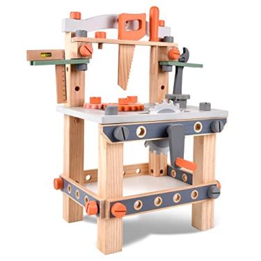 Imagem de varbertos Banco De Ferramentas De Madeira Para Crianças, Conjunto De Bancada De Trabalho De Simulação, Bancada De Trabalho, Brinquedos De Construção, Presente Para 1, 2, 3, 4, 5 Anos De Idade, Meninas