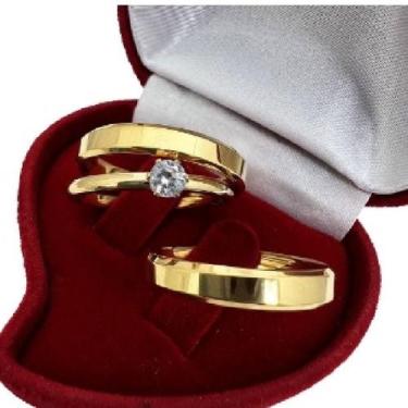 Imagem de Par Aliança de Casamento Banhada á ouro 18k Com Anel Solitário - VNS, 