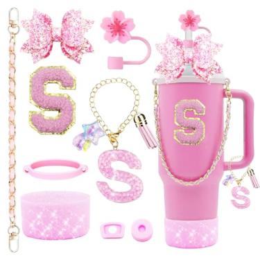 Imagem de 9 peças de acessórios de copo Stanley Bling para copo de 850 g e copo de 1134 g com alça, incluindo pingentes de iniciais, alça de couro, decoração de laço de palha, capa de cobertura de palha, bota,