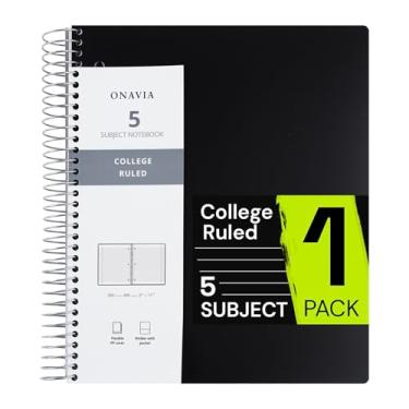 Imagem de ONAVIA Caderno espiral para escola, 5 matérias, papel pautado universitário, 200 folhas, 23 x 28 cm, 5 divisórias com bolsos, 3 furos perfurados, capa de plástico, diário forrado, material escolar