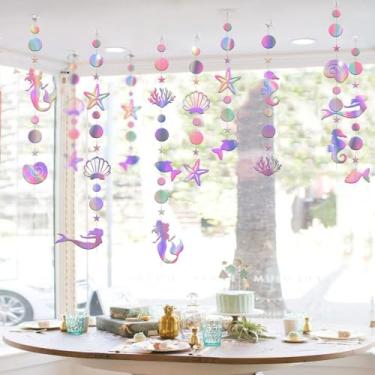 Imagem de Guirlanda de sereia irlandesa de 15,8 m, faixa pendurada, conjunto de decoração de festa, água-viva, estrela-do-mar, concha de pérola, coral, papel a laser, arco-íris, tema submarino, aniversário,