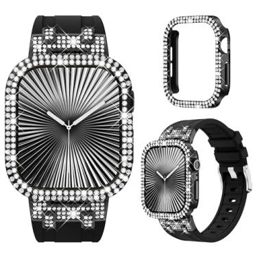 Imagem de NewWays Pulseira feminina de silicone para Apple Watch Série 10 Série 10 de 42 mm, design de luxo, diamantes brilhantes de 2 fileiras com adaptadores de metal para S10 iWatch