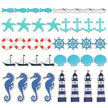 Imagem de 40 peças de arte temática de praia em miniatura de navio de cruzeiro costeiro, âncora de madeira, decoração de volante, farol, estrela-do-mar, concha, cavalo-marinho, veleiro, decoração de parede para decoração de casa, artesanato