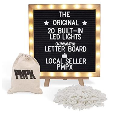 Imagem de PMPX Quadro de letras de feltro preto original com suporte, luzes LED embutidas, 25 x 25 cm - Quadro de menu, 340 letras, emojis + palavras cursivas - Mensagens de sinal personalizadas