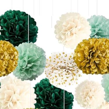 Imagem de Pompons de tecido de papel verde gradiente dourado ponto branco pendurado tecido flores pompons decorações pacote com 12 para casamento, aniversário, chá de bebê, decoração de festa etc. (flores de papel de seda de 30,5 cm, 25,4 cm, 20,3 cm)