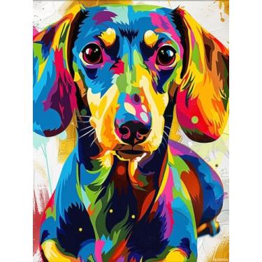 Imagem de QLTBPVJK Pintura de arte de diamante 5D de cachorro Dachshund fofo colorido com broca redonda completa por kits de números para adultos Mosaico ponto cruz para decoração de parede 30,5 x 40,6 cm