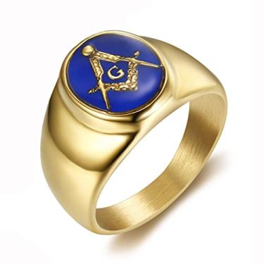 Imagem de INRENG Anel maçônico de aço inoxidável banhado a ouro para homens e mulheres azul G Lodge Master Mason Signet Band, Metal, Sem pedra preciosa