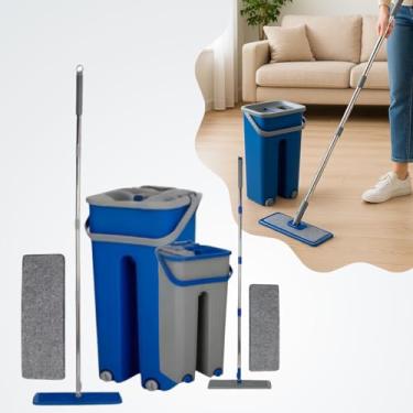 Imagem de Mop Flat Lava e Seca com Balde 2 Refis Microfibra – Cabeça 360° | Cabo Inox 120cm | Sistema de Lavagem e Secagem | Ideal para Pisos Frios, Madeira, Porcelanato