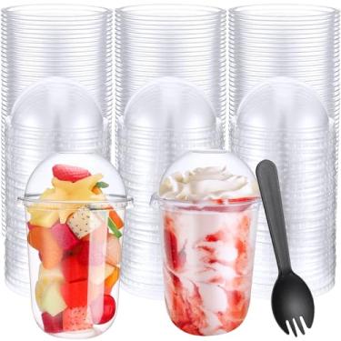 Imagem de Gandeer Pacote com 200 copos de plástico transparente para sobremesa iogurte parfait pudim de banana copos descartáveis com 200 peças de garfos para festa de sorvete de frutas (fundo em forma de U