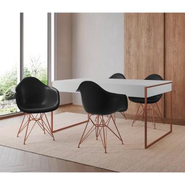 Imagem de Mesa Jantar Industrial Branca 137X90Cm Com 4 Poltronas Pretas Base Cobre Cor: Branco