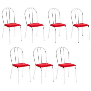 Imagem de Kit 7 Cadeiras Lisboa Cromada Para Cozinha Ou área Gourmet-assento Sintético Vermelho