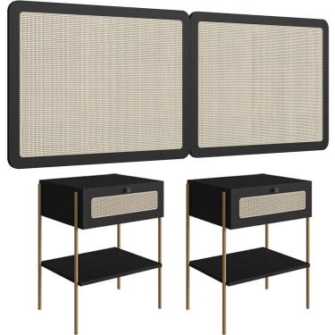 Imagem de Cabeceira Casal Queen 160cm E 2 Mesas Laterais 1 Gaveta Industrial Indy A03 Nero