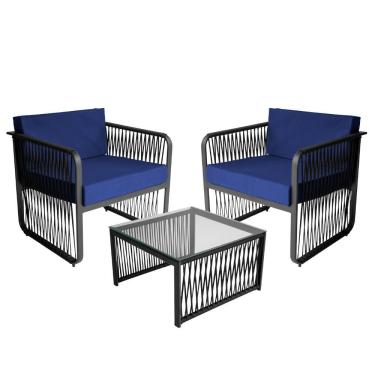 Imagem de Conjunto 2 Poltronas E Mesa Centro Corda Náutica Santiago Preto-azul