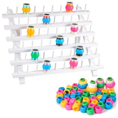 Imagem de Yookeer Suporte de linha de madeira com 60 carretéis organizador de linha com ganchos para pendurar e 48 peças protetores de carretel de linha para costurar, acolchoar, máquina de bordar, suprimentos