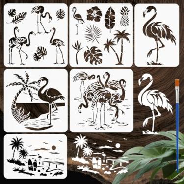 Imagem de FINGERINSPIRE 6 peças de estêncil de cenas de flamingos para pintura com pincel, 2 tamanhos, reutilizáveis, animais, pássaros, modelo de mar, flor de coco vazado, abacaxi, estêncil de plástico, PET