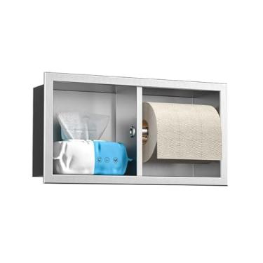 Imagem de Bernkot Suporte de papel higiênico de rolo duplo, suporte de papel higiênico embutido para reforma de banheiro, nicho de papel higiênico horizontal de aço inoxidável 304 (escovado)