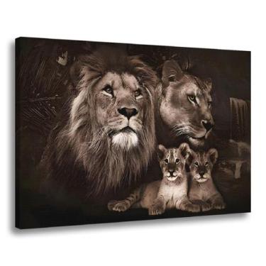 Imagem de Quadro Decorativo Familia Leão Leoa Filhotes Preto e Branco Sala Quart