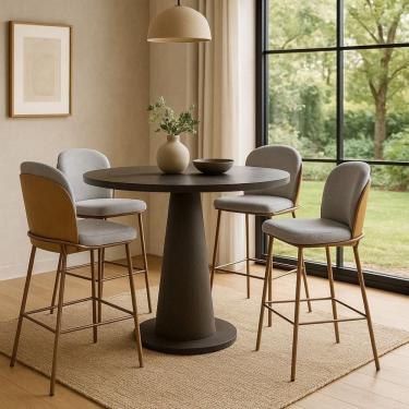 Imagem de Kit Com 4 Banquetas Cristal Com Encosto Estofado E Base Em Aço Champanhe – Exclusiva Linho Lincoln Cinza