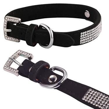 Imagem de AOKSI Coleira para cães e gatos, fivela de prata brilhante de luxo e diamante brilhante com decoração de coroa de strass coleiras de couro de veludo para cães pequenos filhotes de gatos médios (PP, preta)
