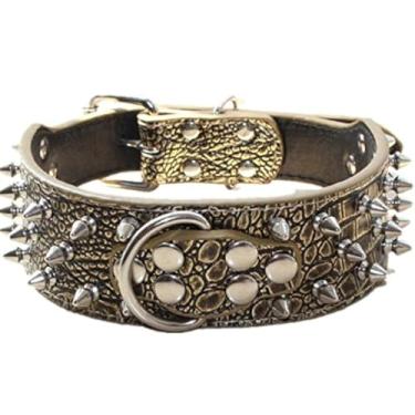 Imagem de Coleira para cachorro de couro com ponta haoyueer com rebites de bala, 5 cm de largura, coleiras estilosas de couro para cães de porte médio e grande Pitbull (marrom dourado, P)