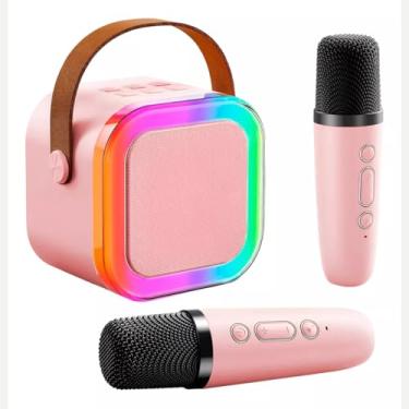 Imagem de Mini Caixa de Som Portátil com LED, Bluetooth 5.3, 2 Microfones Sem Fio, 9x9x7cm, Rosa