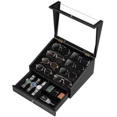 Imagem de Yoimori Organizador de óculos de sol, estojo de madeira com tampa de vidro transparente e gaveta para 14 pares de óculos, caixa de armazenamento de óculos de sol premium para mulheres e homens (preto)
