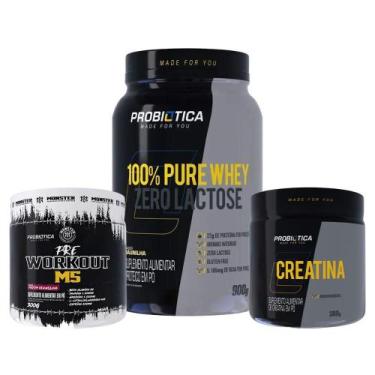 Imagem de Kit Suplementos 100% Pure Whey Zero Lactose 900g + Pré Treino M5 + Cre