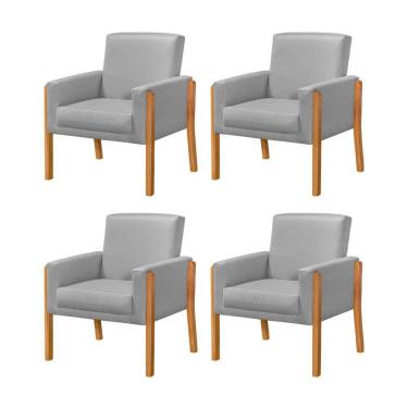 Imagem de Kit 4 Poltronas Sala De Espera Pés Em Madeira Santorini Linho Cinza - Cinza