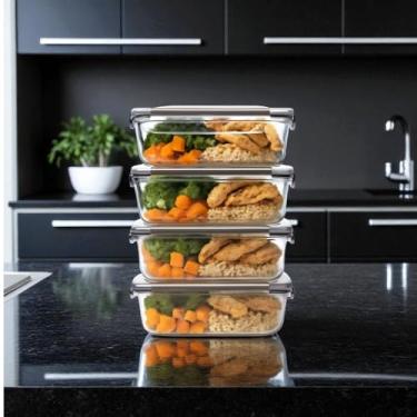 Imagem de KIT 4 Potes Vidros Herméticos Retangulares Marmitas Refeições 4 Travas 1040 ML