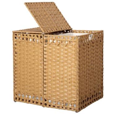 Imagem de Cesto de roupa suja dobrável de 170 L com tampa – cesta de armazenamento de vime tecida à mão, cesto de roupas com 2 seções com 2 sacos de forro removíveis, fácil de montar, portátil para quarto