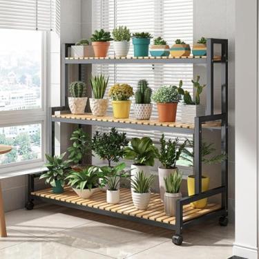Imagem de Prateleiras De Plantas Rolantes Suporte Rústico Para Plantas Com Rodas, Prateleira De Flores Para Plantas De Escada De 3 Andares, Suporte Para Plantas De Metal Com Madeira Maciça P, Black