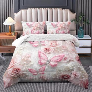 Imagem de Tuzaovy Jogo de cama solteiro, com estampa de borboletas rosa, estampa de rosas rosas, estampa de pérolas brancas, para decoração de quarto de crianças e adolescentes