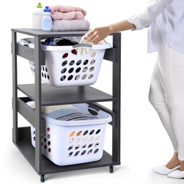 Imagem de Prateleira para cesto de roupa suja (2 camadas) – Torre de lavanderia empilhável de madeira projetada com rodas, organizador de cesto de roupa suja em camadas para banheiro, quarto