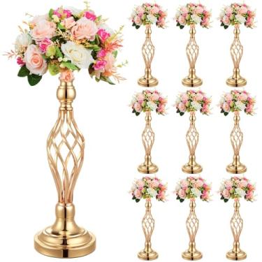 Imagem de Rtteri 10 peças, 2 vasos de ouro para centros de mesa, suporte de arranjos de flores de metal, elegante, suporte de candelabro para decoração de mesa de recepção de casamento, 46 x 15 x 14 cm