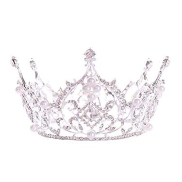 Imagem de Lurrose luxuosa coroa barroca coroa redonda strass e coroa pérola coroa de noiva para casamento feriados formatura (dourado), Branco, Size 1